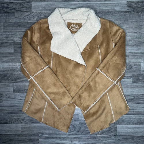 Prana Townie Mantel hellbraun Wildlederimitat Sherpa gefüttert roher Saum Jacke Größe Large - Bild 5 von 9
