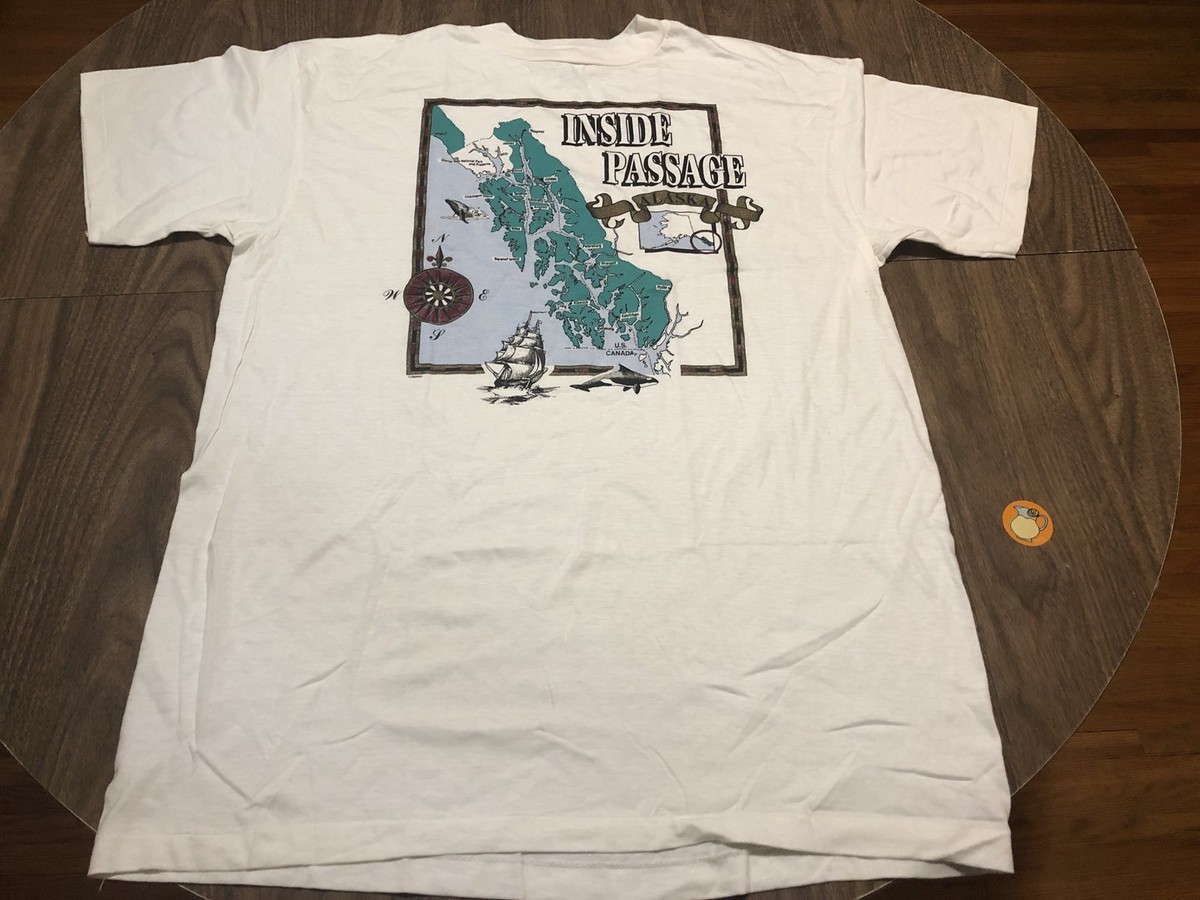 90s USA製 INSIDE PASSAGE ALASKA マップ コットンTシャツ ワンピース 白★オールド ビンテージ アラスカ 船 地図 ビッグサイズ 90s USA製 INSIDE PASSAGE ALASKA マップ コットンTシャツ