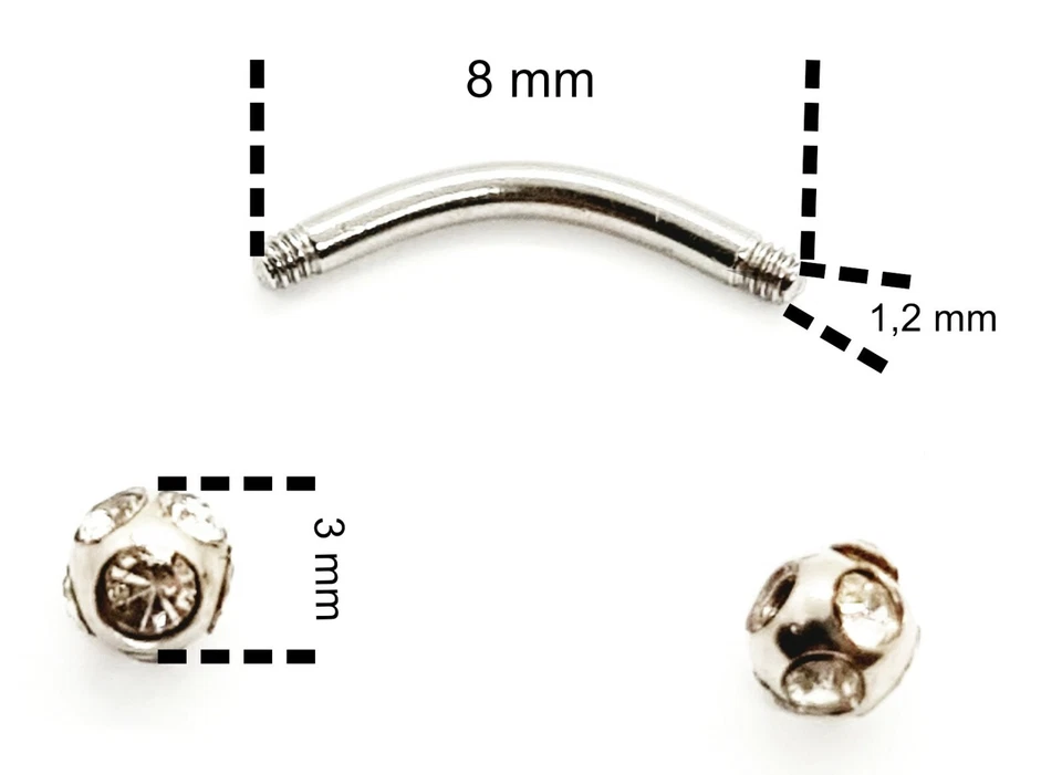Piercing sopracciglia con brillantini orecchino banana curvo in acciaio e sfere - Immagine 3 di 4