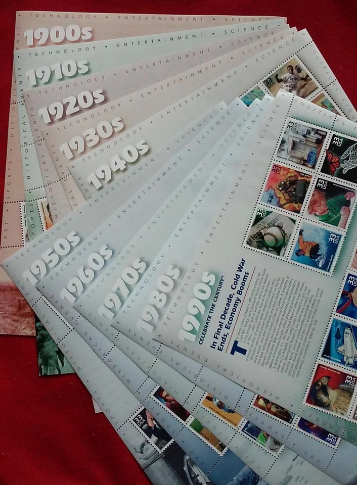 CELEBRATE THE CENTURY 1900-1990. Complete 10 Sheet Set US Stamps USA # 3182-3191 - Image 3 of 4