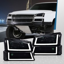 Fit For 2003-2007 Chevy Silverado Smoked Lens Black Housing Led Drl Headlights