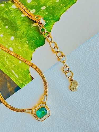 Christian Dior Vintage 1980s Gripoix Emerald Crystals Octagon Pendant, Necklace