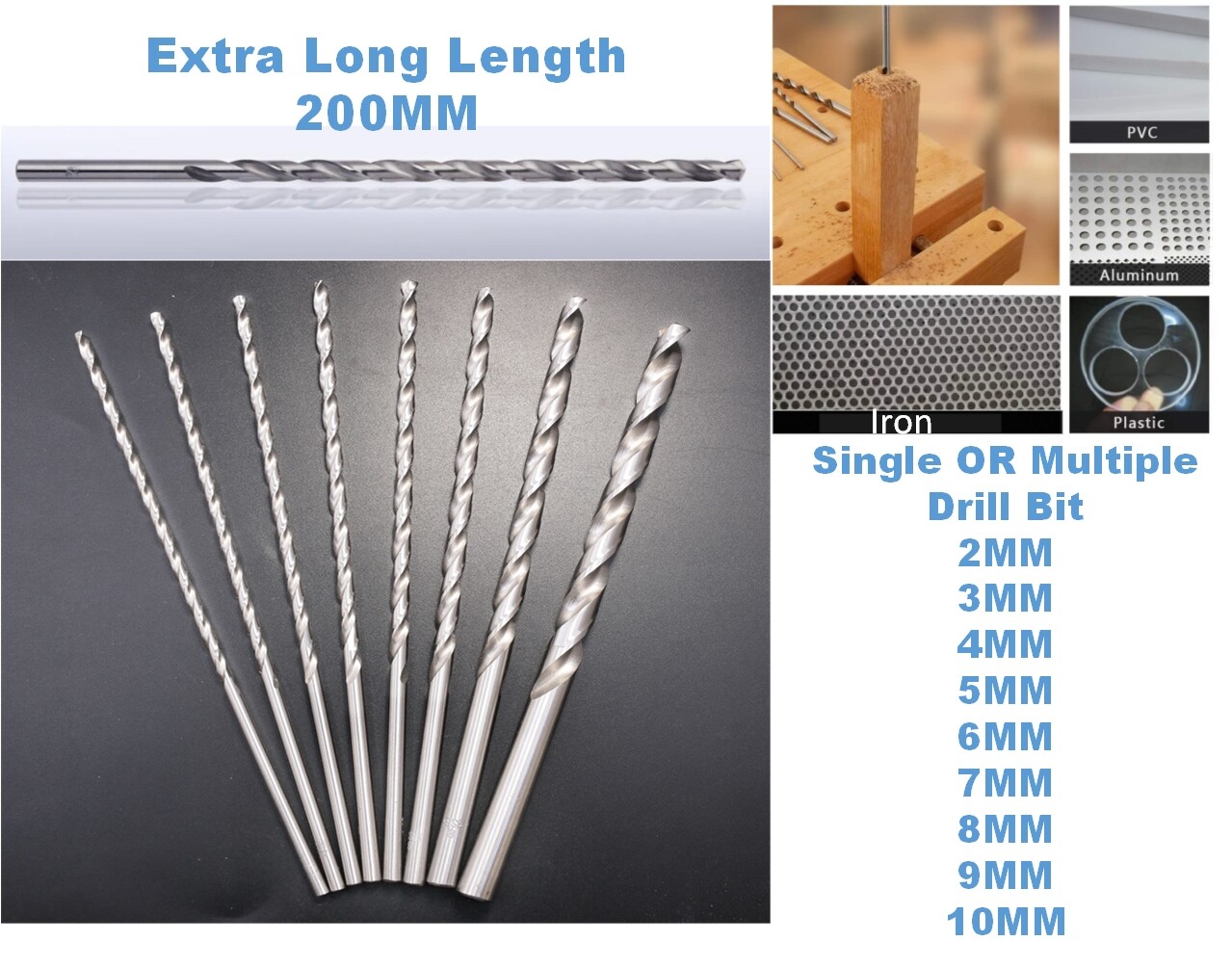 Extra Long HSS Twist Drill Bit HSS 150-200 mm 1/5/8 pcs set Diameter 2 ...