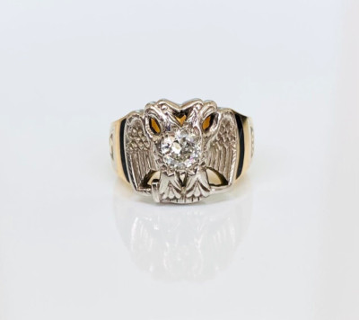 Antique 14K Gold 0.50CTW Old Euro Diamond Double Headed Eagle ''32'' Masonic Ring