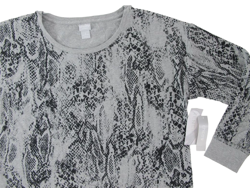 Chicos NWT Zenergy $79 Snakeskin Print Gray Black Womens L Light Sweatshirt Top - Image 4 of 4