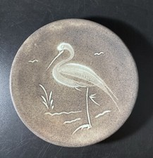 DUNSTER POTTERY PLATE GEORGE T HOLLAND GTH. Bird On 1 Leg Plate Crane 13.7cm