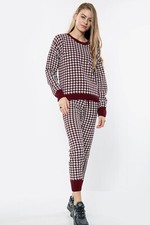 Ladies Long Sleeve Check Dog Tooth Print Tracksuit Women Printed Loungewear set