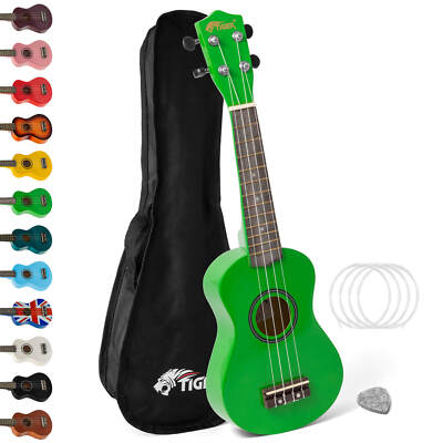 Tiger Sopran Anfänger Ukulele mit Gigbag, Filzplektrum & Aquila Saiten - grün