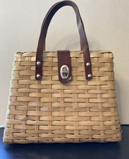 Vintage 50/60s Plastic-Coated Wicker Woven Cane Handbag Purse Leather Straps