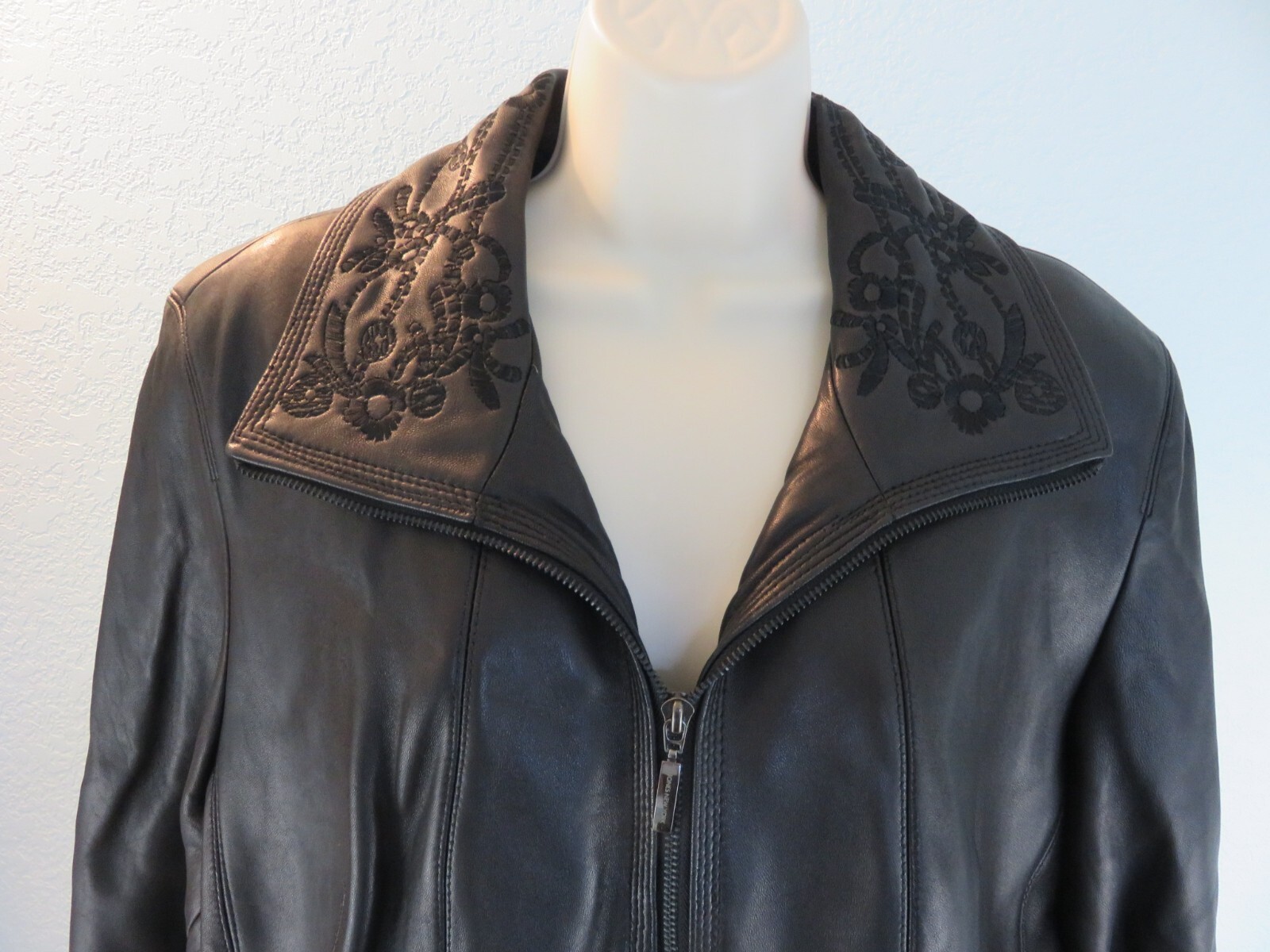 Jones New York Women's Black Embroidered Leather Jacket Size XL eBay