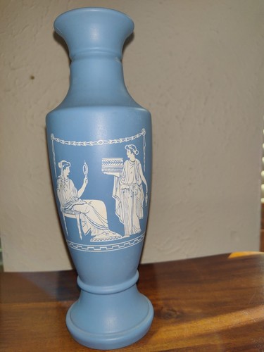 EGYPTIAN Style Glass Vase, VINTAGE Blue with white designs, 7.5". - Picture 2 of 7