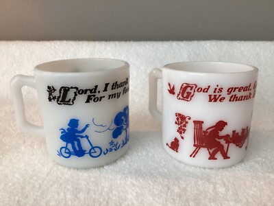 Hazel Atlas 2 Milk Glass Child s Mugs with Work & Play Time Prayers~1 Red~1 Blue