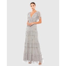 Mac Duggal 9068 Platinum Sequin Tulle Tiered Gown V-Neck Flutter Sleeve Dress 4