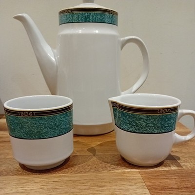 Royal Norfolk - Kaffeekanne, Zuckerdose & Milchkännchen - türkis, gold & schwarzer Rand 