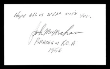 Jack McMahan Autographed 3x5 Index Card 1956 Kansas City Athletics