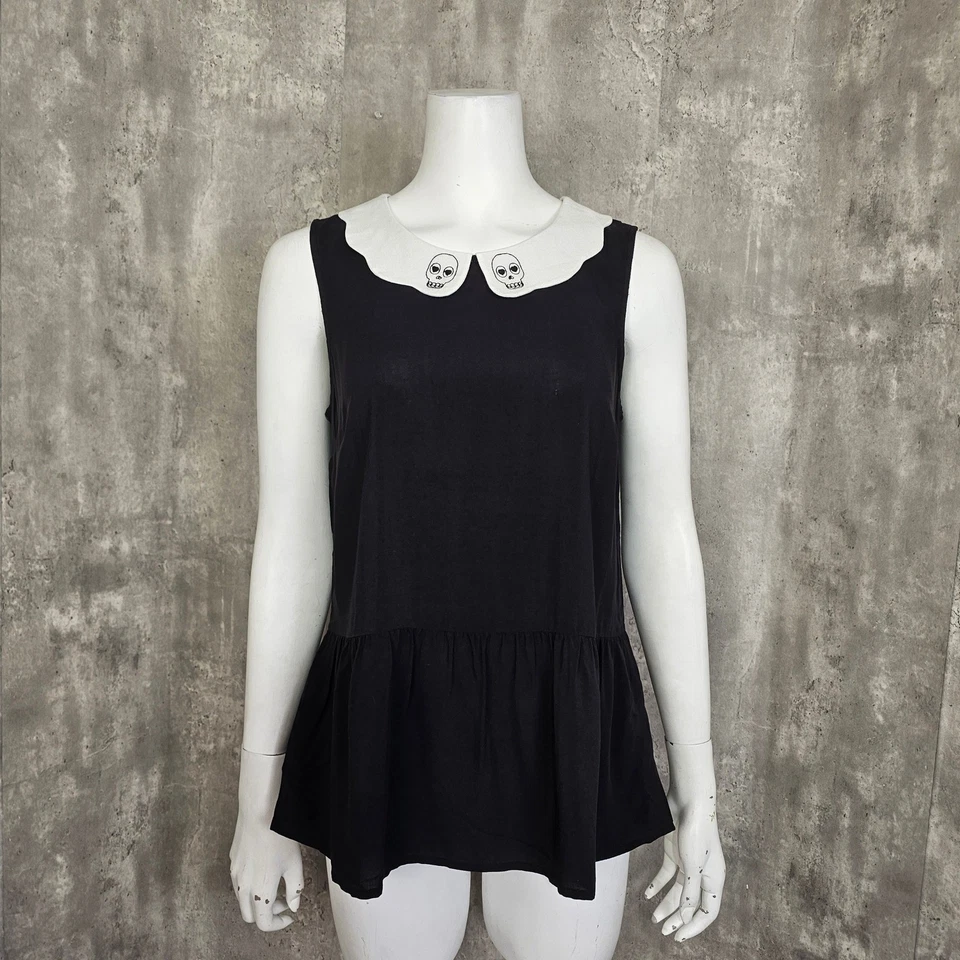 ModCloth Black Skull Collar Peplum Top M Gothic Peter Pan Blouse Dark Academia - Image 2 of 4