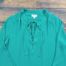 True Religion Deep V-Neck Lace Up Long Sleeve Blouse Top Woman's XL Green
