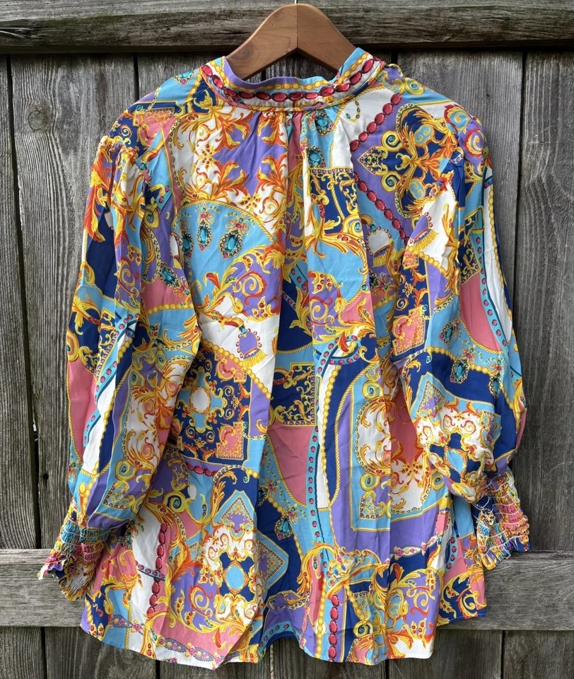 Blusa Camisa Mujer Robert Graham Top Manga Larga Talla L Barroca Seda Viscosa Foto 2 de 4