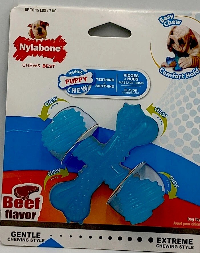 Nylabone Puppy Chew X Bone Toy Beef Flavor Sm/Reg, Up to 15lbs. Quick Ship.