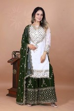 Heavy Faux Georgette Green Embroidered Top Sharara Plazzo Set with Dupatta