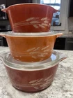 VTG Set of 3 Pyrex Autumn Harvest Wheat Casserole Bowls Lids 473-B, 474-B, 475-B