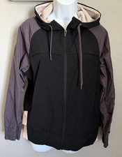 Fabletics Hooded Jacket Womens Medium Black Pink Double Layered Woven Stretch