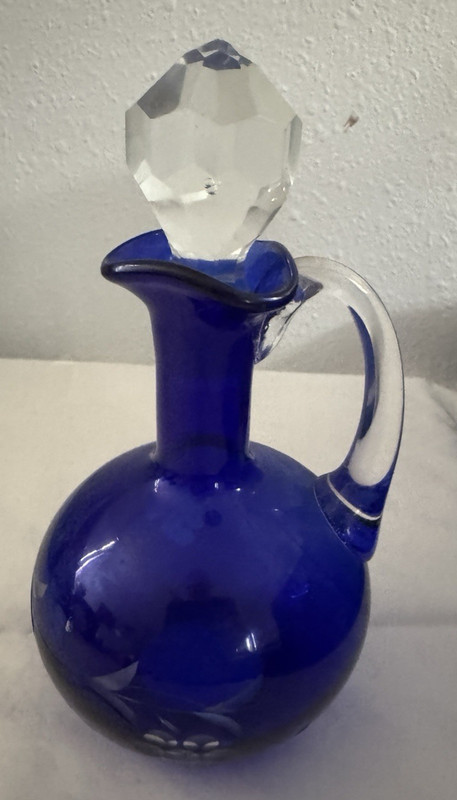 Vintage Cobalt Blue Cut To Clear Etched Crystal 7" Cruet Prism Stopper Grape