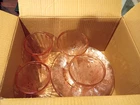 Lot of 4 Jeannette Floral Poinsettia Pink Depression Glass 8” Plates + tubllers