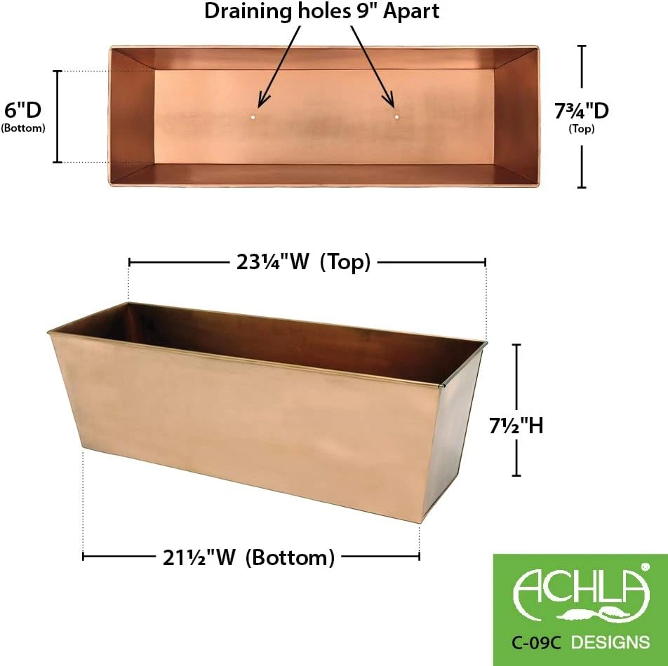 Achla Designs Plain Copper Window Flower Box Planter- Medium (23 1/4"L X 7 3/4"W - Image 2 of 4