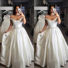 Vintage Wedding Dresses White Ivory Satin Off Shoulder Beading Bridal Gowns