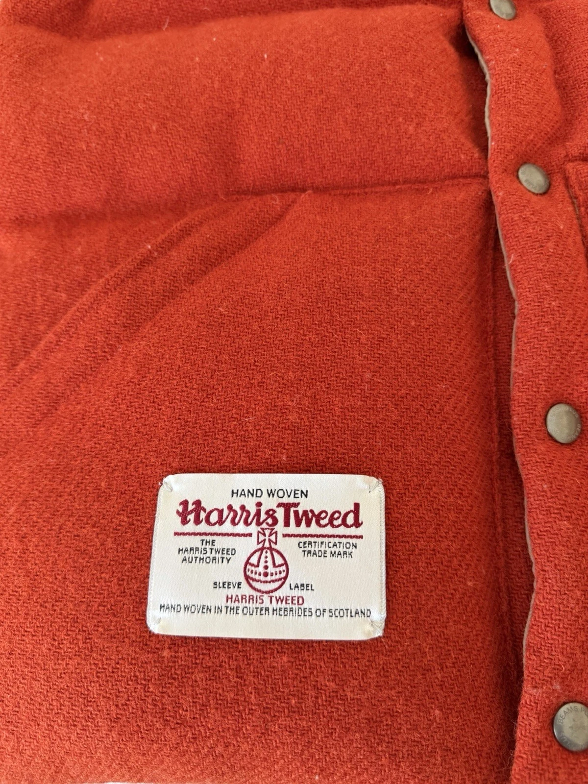 Beams Harris Tweed Puffer Vest Reversible Orange/Khaki Small - product detail image 3