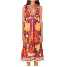 Farm Rio xl new flower tapestry midi dress Floral Tie-Shoulder pink guest party