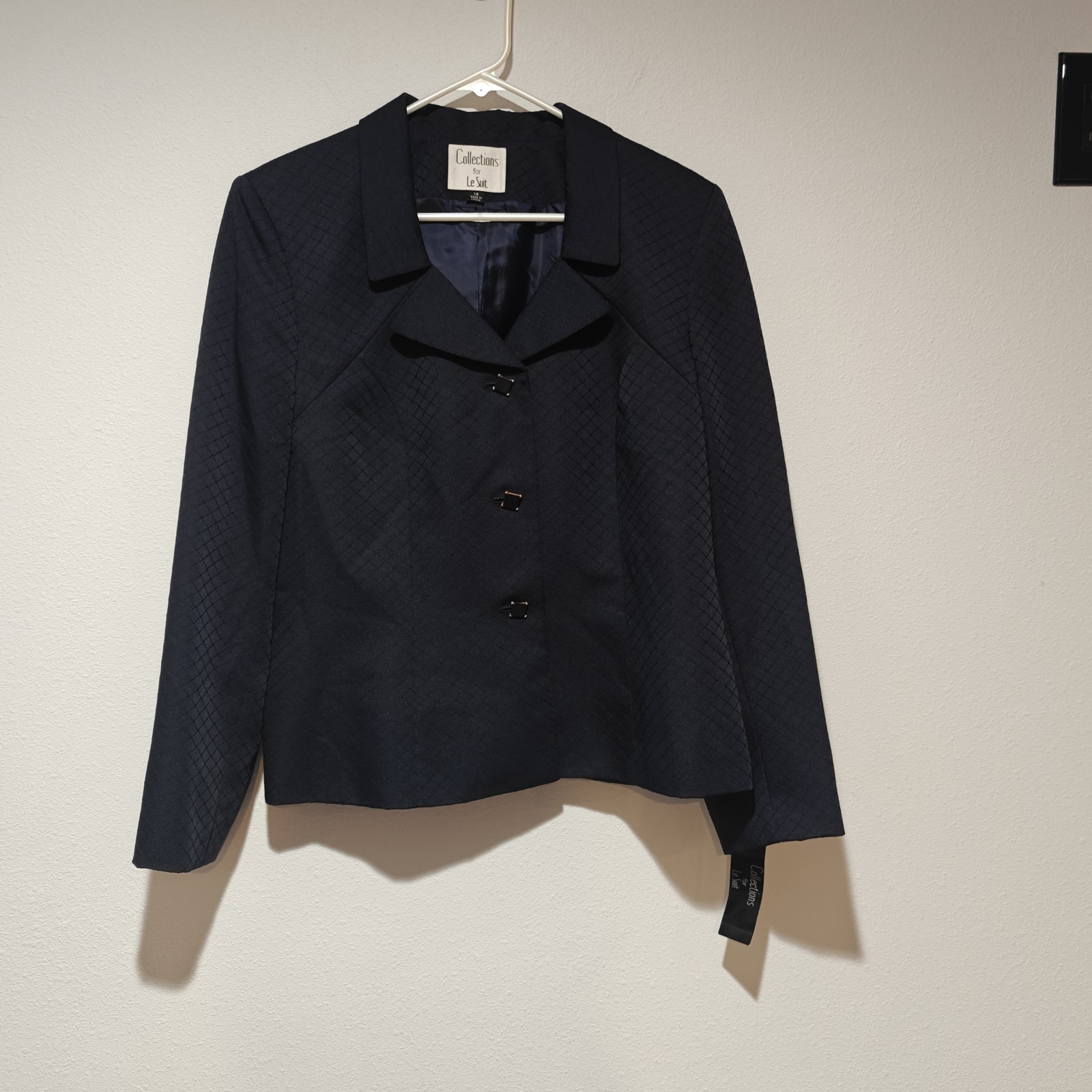 NWT $200 Collections For Le Suit Blazer 14 Navy Blue Lozenge Pattern Diamond