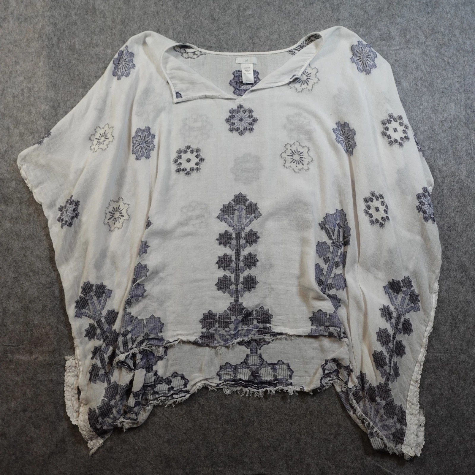 J Jill Kimono Womens One Size Blue White Embroidered Lightweight Poncho