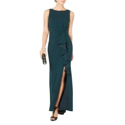 Betsy & Adam Sleevelss Ruffle front Bow Trumpet Dark Green Gown Size 6 NEW