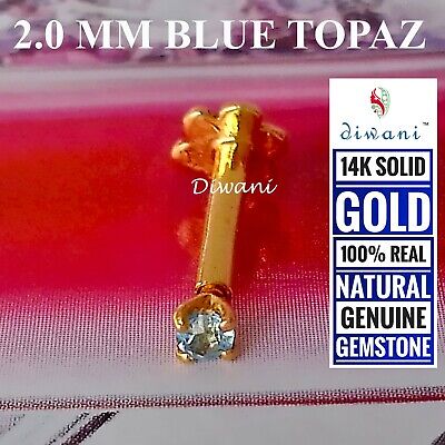 2.0mm Natural BLUE TOPAZ 14k Gold Nose Pin Lip Labret Piercing Screw Stud Ring 
