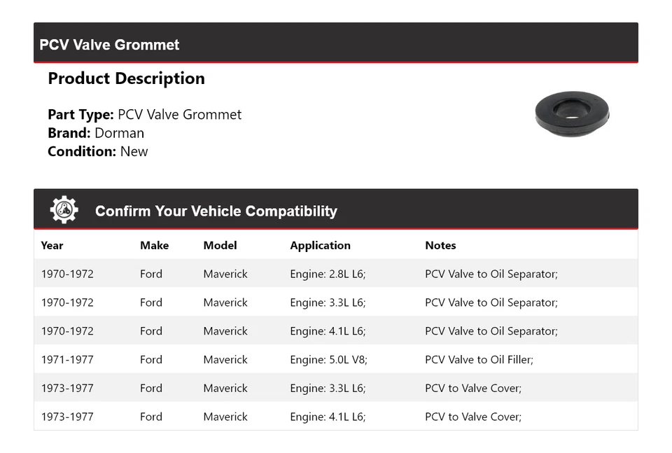 Ojal de válvula PCV para Ford Maverick Dorman 1970-1977 1971 1972 1973 1974 1975 Foto 2 de 4
