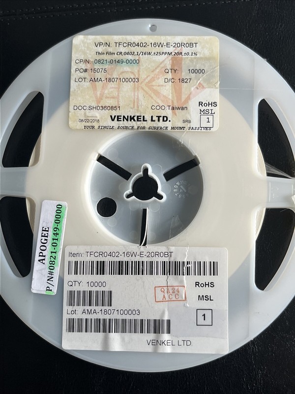 7900 PCS VENKEL TFCR0402-16W-E-20R0BT RES 20 OHM 0.1% 1/16W 0402