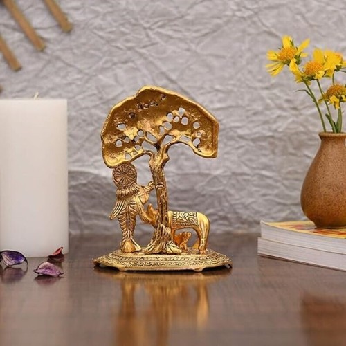 Krishna Suona Flauto Mucca con Signore Statua Idolo con Statuina in Ottone in Piedi - Foto 5 di 5