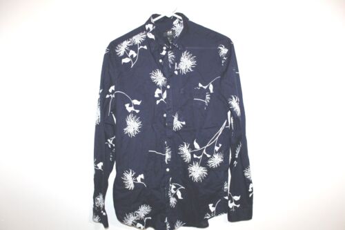 H&amp;M Long Sleeve Shirt Navy Blue Floral Cotton Button Down Small
