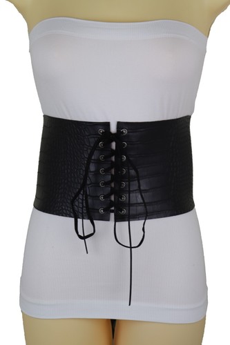 Women Extra Wide Black Tie Corset Western Fashion Belt Faux Crocodile Leather M - Picture 16 of 24