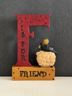 Boston Road Letter F Figurine  Friends   Folk Art Resin Sheep Pineapple Crow