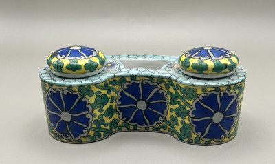 Antique French Porcelain Double Desk Inkwell Hand-Painted Floral RARE 6'' Long