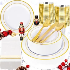 350PCS Gold Plastic Plates - White and Gold Disposable Plastic Dinnerware Set...