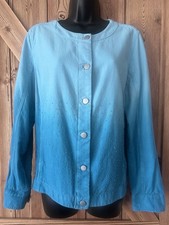 CHICO  S Size 2 M/L Ombr  Blues Beaded Bling Metal Button Up 100 Cotton Jacket