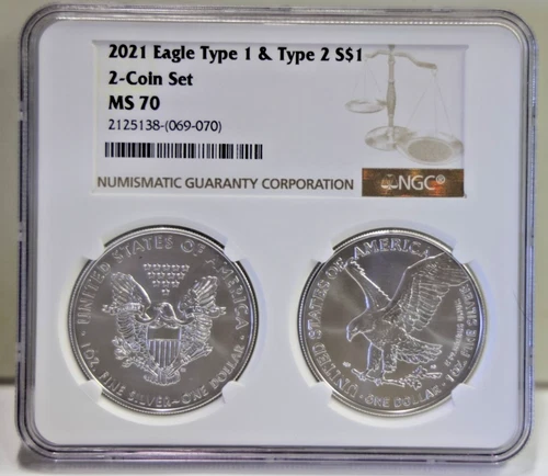 2021 US NGC MS70 Type 1 & Type 2 Silver Eagle Set