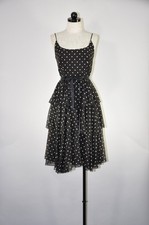 60s Vintage Black Polka Dot Cotton Ruffled Full Skirt Spaghetti Strap Dress XS S