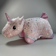 Pillow Pets Rare "Sparkly Pink Unicorn" Plush with Star Pattern  Bow 20'' VGUC