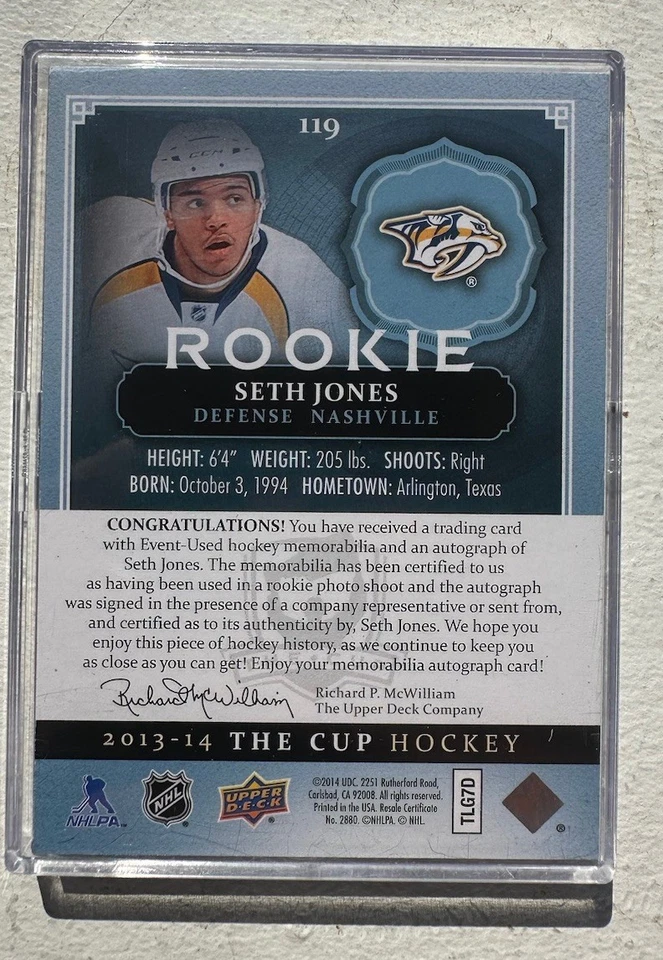 SETH JONES 2013-14 Upper Deck The Cup Rookie Patch Autograph RC 097/249 - Image 2 of 2