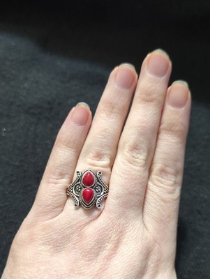 Silver Plated Red Coral Gemstone Teardrop Double Stone Statement Ring - Size 7